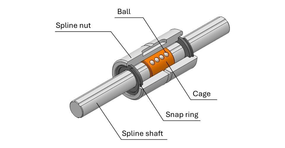 Example of a ball spline customized to have a finite stroke
