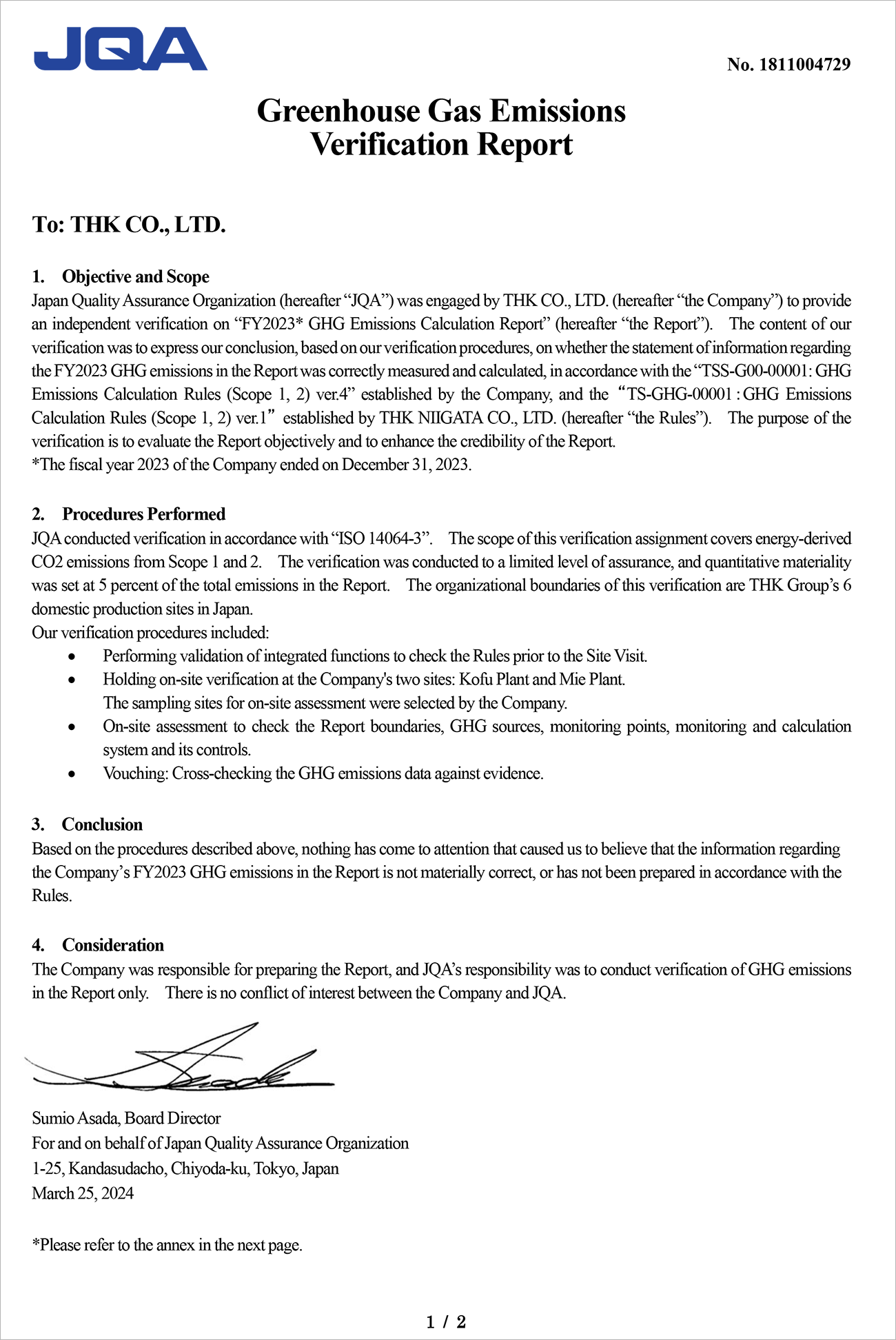 Greenhouse Gas Emissions Verication Report