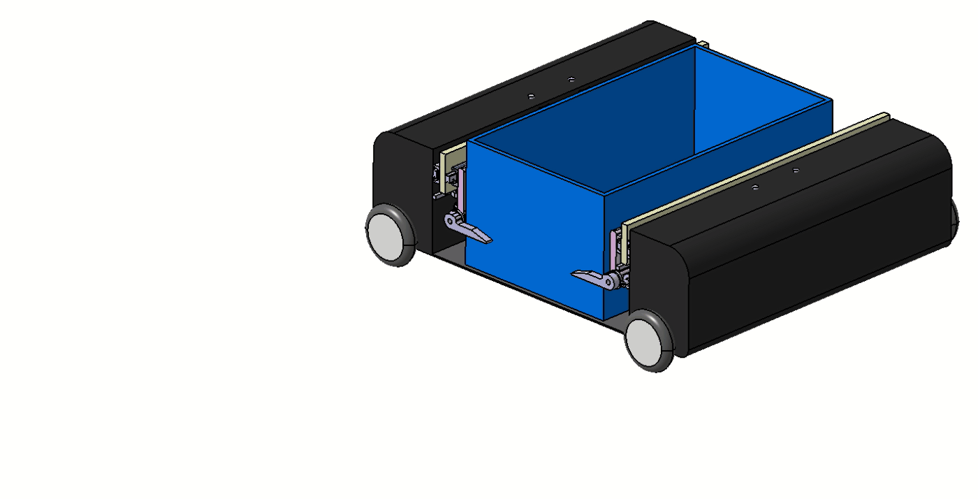 Illustration of the cart arm that pulls containers from automated warehouse shelves