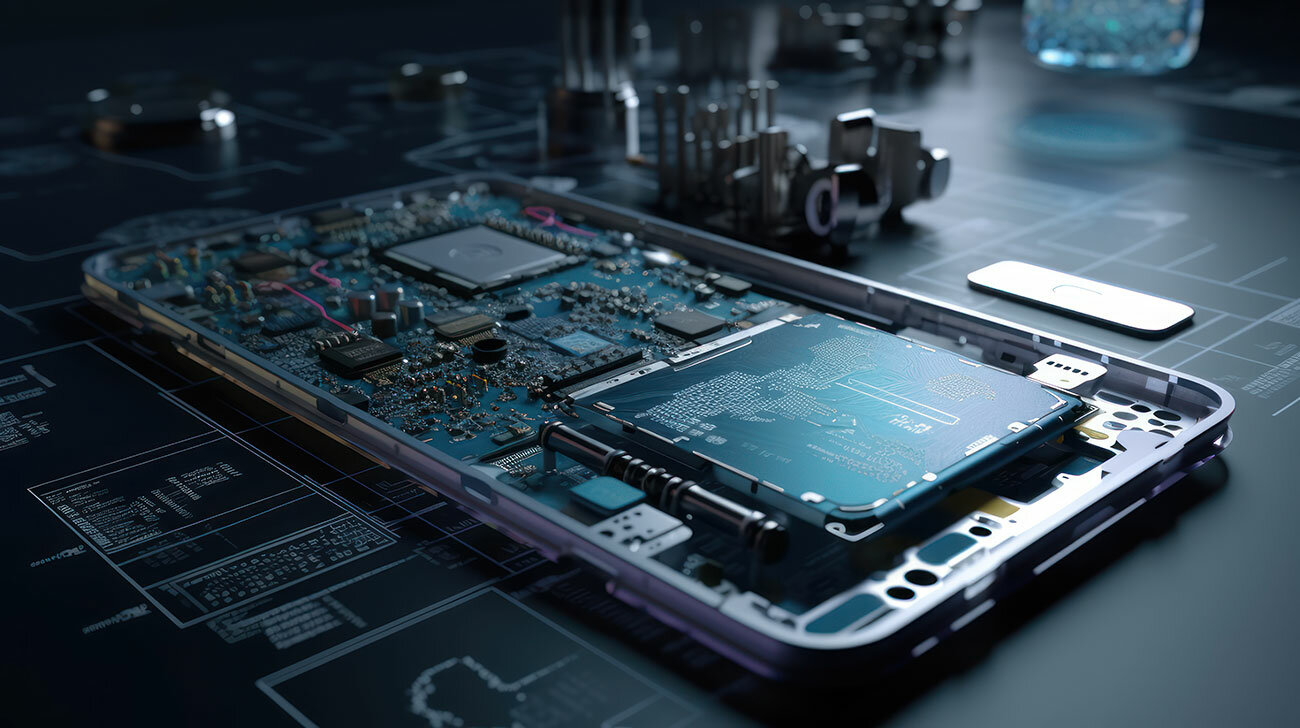 The integration of tiny components inside of a smartphone.
