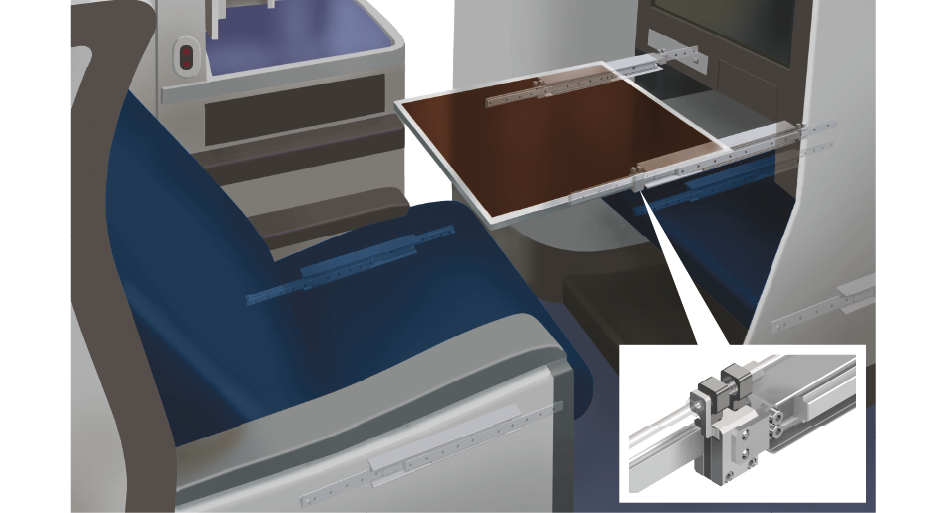 Finite double slide guides and clamps being used for aircraft tray tables