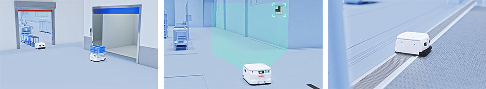 工場の生産設備を走行する次世代搬送ロボットSIGNAS