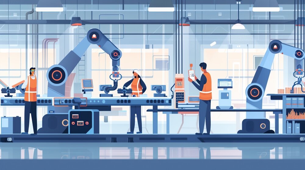 多関節ロボットが作業する生産ライン