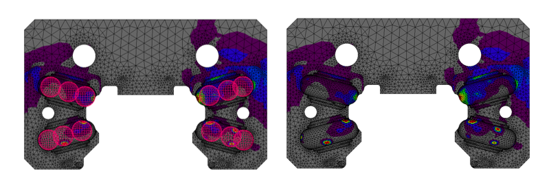 A simulation performed using CAE, in which purple areas indicate where a load is being applied