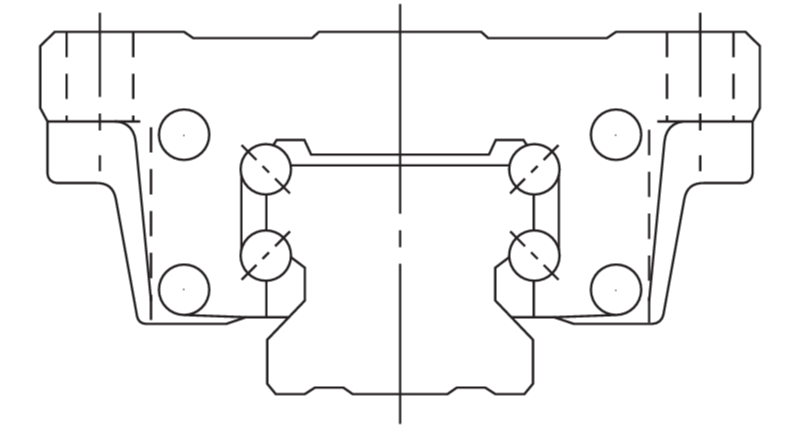 LMガイド DF形4列アンギュラコンタクト接触の断面模式図
