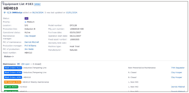 Centrally manages equipment maintenance data