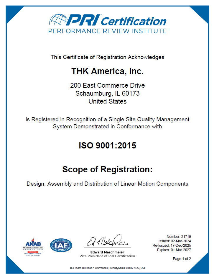 ISO 9001 Certificate THK America, Inc.