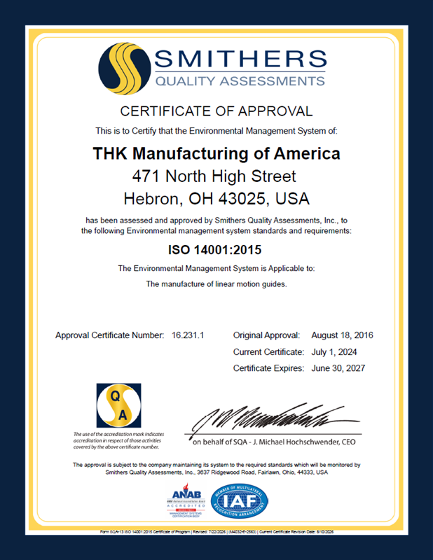 ISO 14001 Certificate THK Manufacturing of America, Inc.